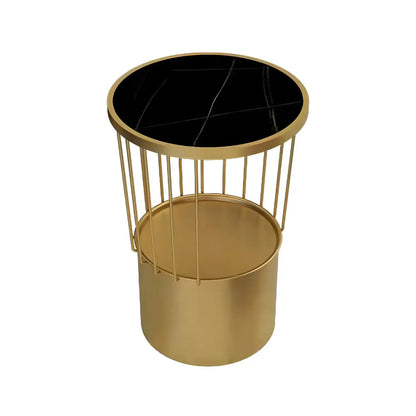Modish Style Metal Drum Shape Bedside Table with Open Storage