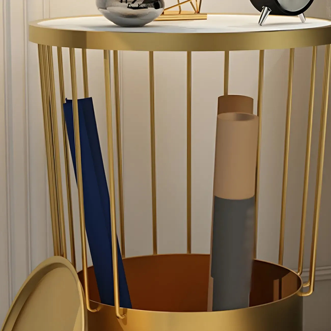 Modish Style Metal Drum Shape Bedside Table with Open Storage