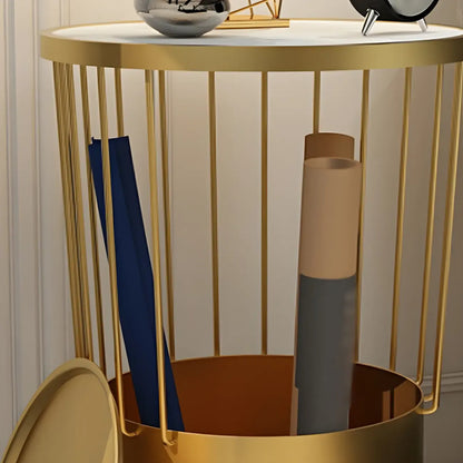 Modish Style Metal Drum Shape Bedside Table with Open Storage