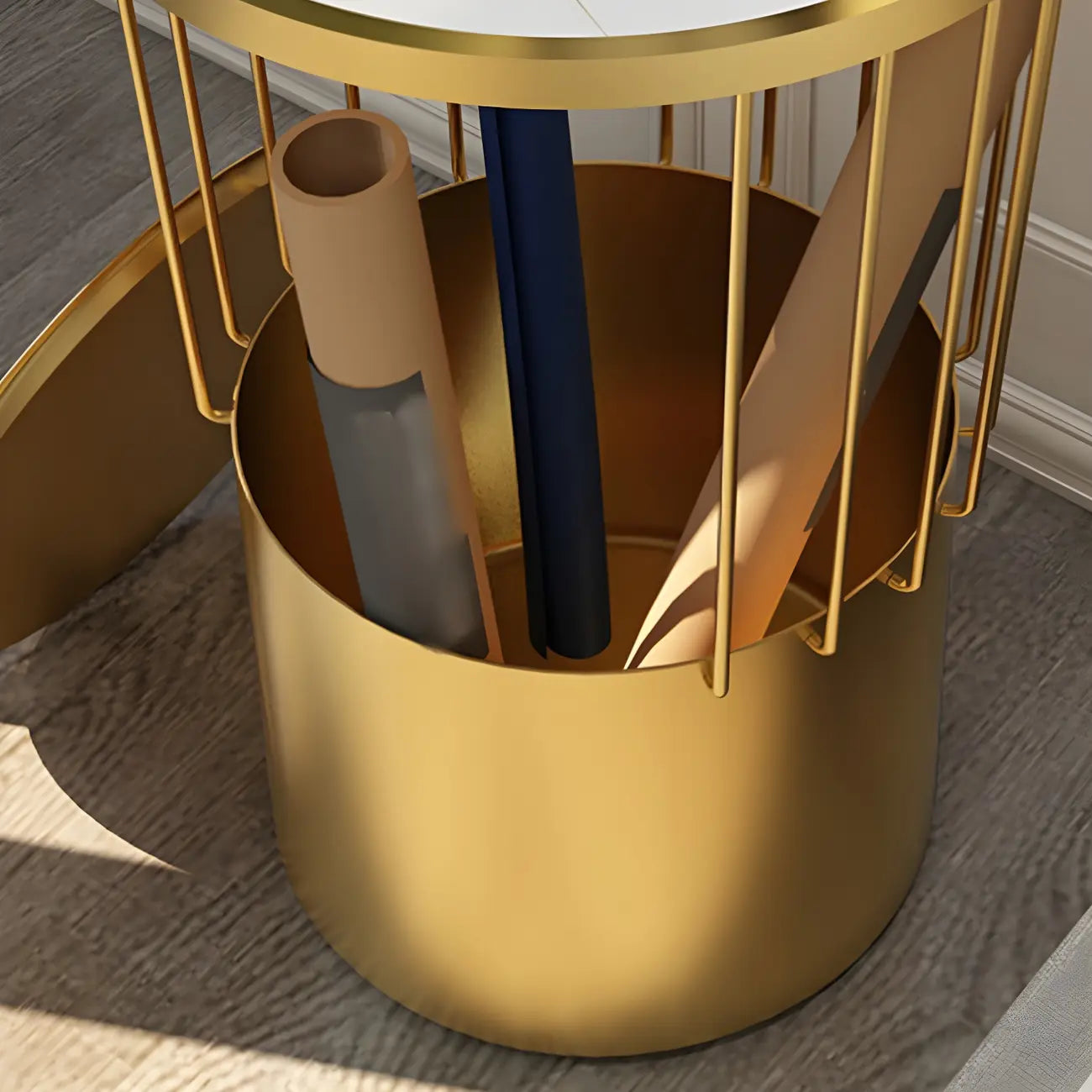 Modish Style Metal Drum Shape Bedside Table with Open Storage