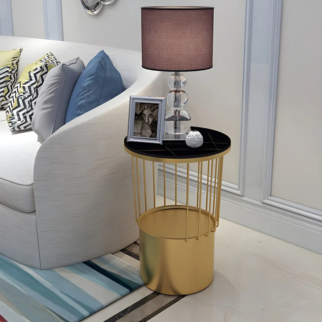 Modish Style Metal Drum Shape Bedside Table with Open Storage