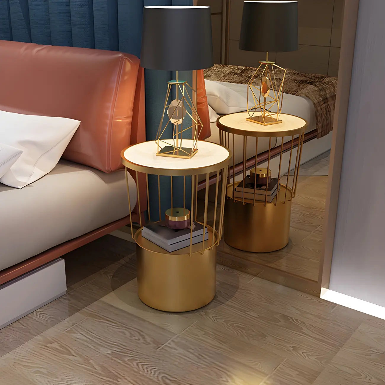 Modish Style Metal Drum Shape Bedside Table with Open Storage