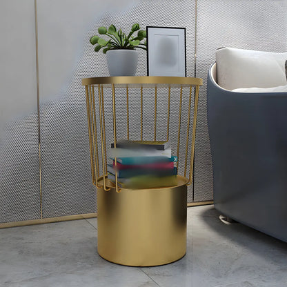 Modish Style Metal Drum Shape Bedside Table with Open Storage