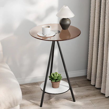 Round Glass Top Gold Metal Side Table with Storage