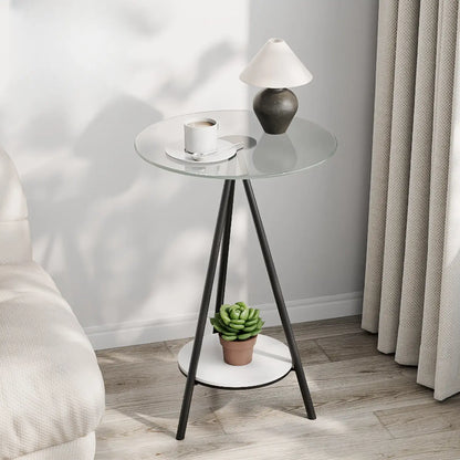 Round Glass Top Gold Metal Side Table with Storage