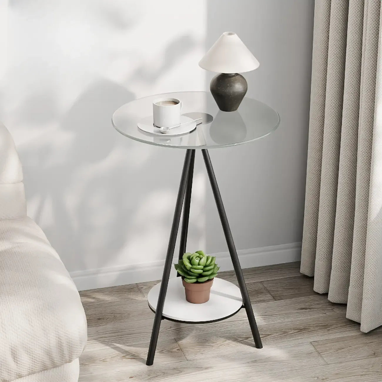 Round Glass Top Gold Metal Side Table with Storage