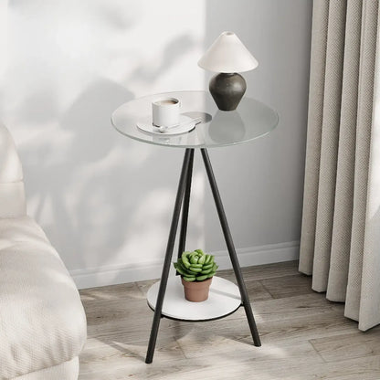 Round Glass Top Gold Metal Side Table with Storage