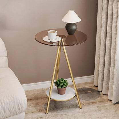 Round Glass Top Gold Metal Side Table with Storage