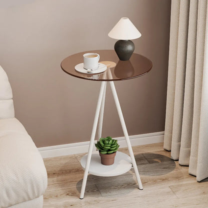 Round Glass Top Gold Metal Side Table with Storage
