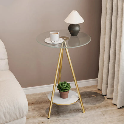 Round Glass Top Gold Metal Side Table with Storage