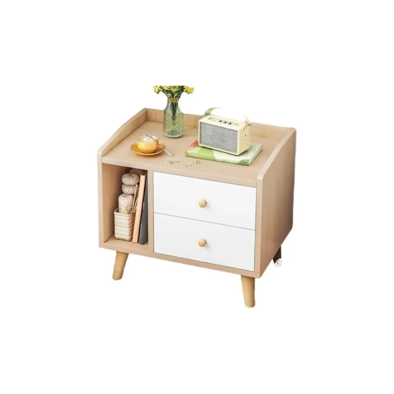 Modish Wooden Nightstand with Open Storage and Drawers