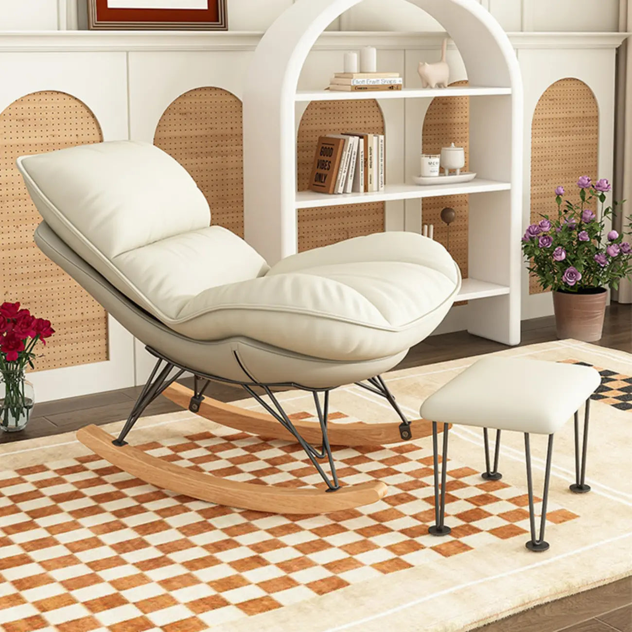 Natural Wood Upholstered Rocking Chair with Ottoman in White