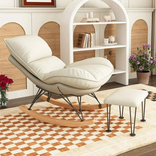 Natural Wood Upholstered Rocking Chair with Ottoman in White