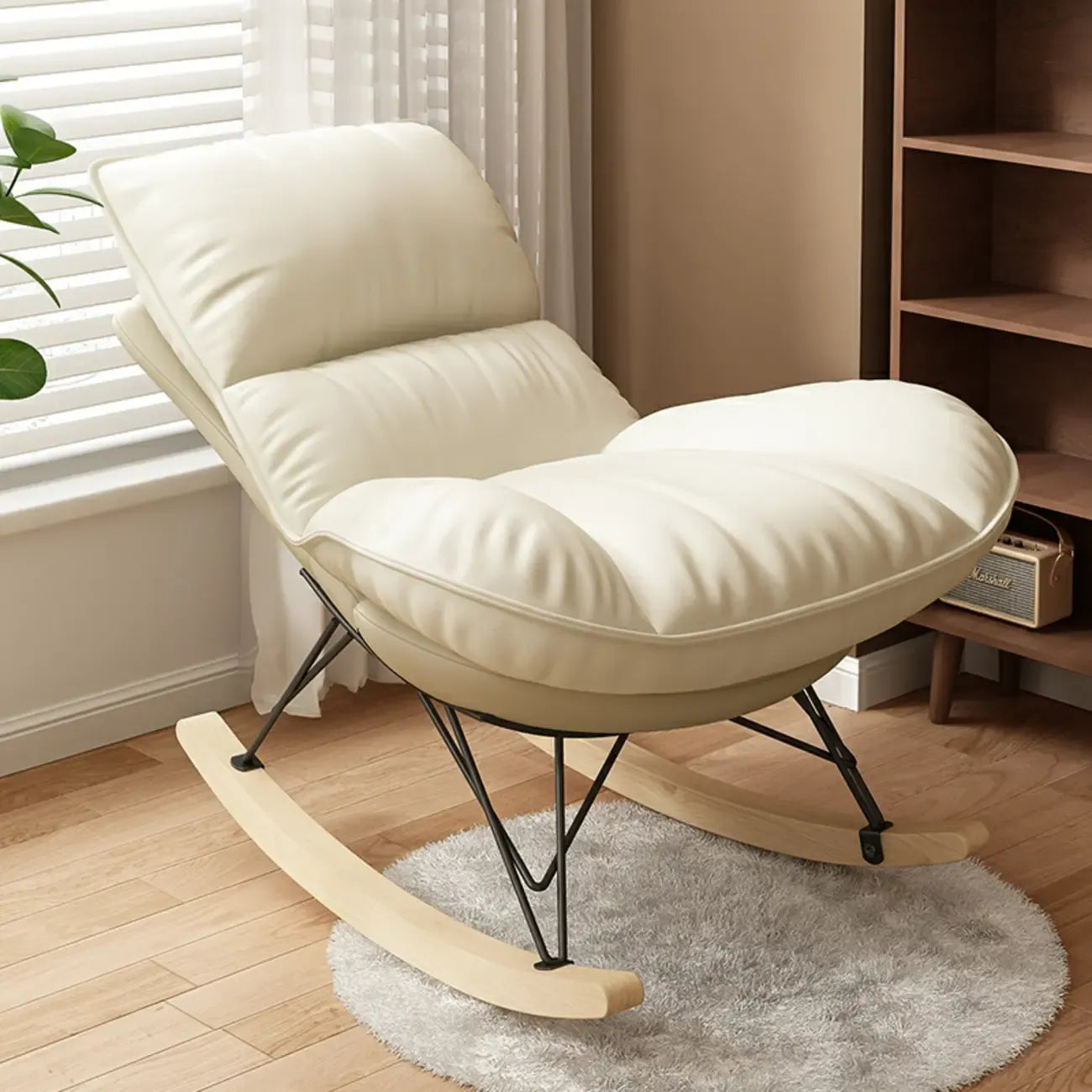 Natural Wood Upholstered Rocking Chair with Ottoman in White