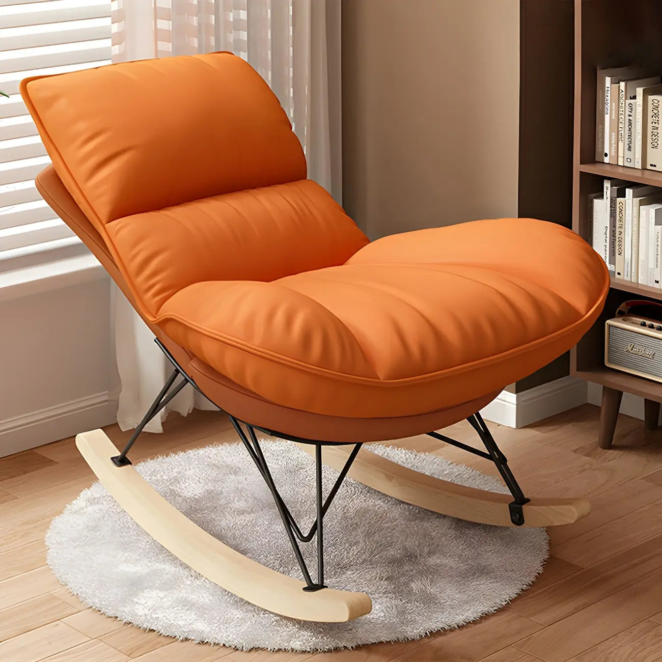 Natural Wood Upholstered Rocking Chair with Ottoman in White