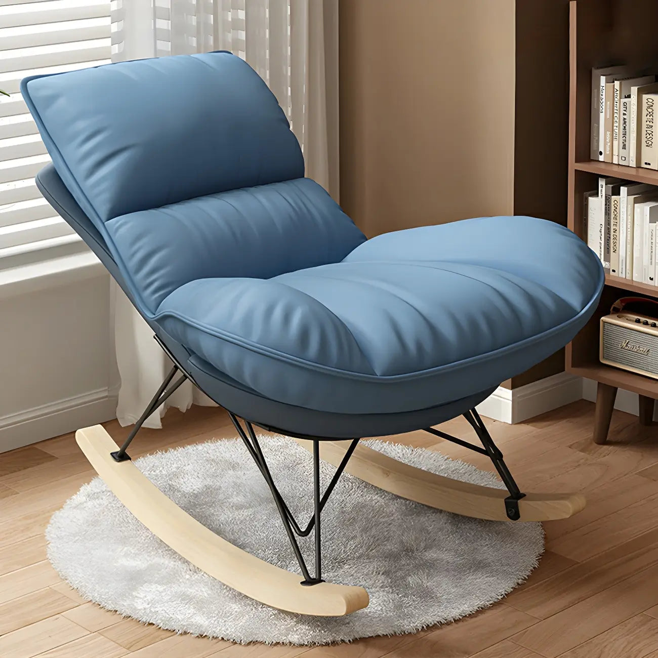 Natural Wood Upholstered Rocking Chair with Ottoman in White