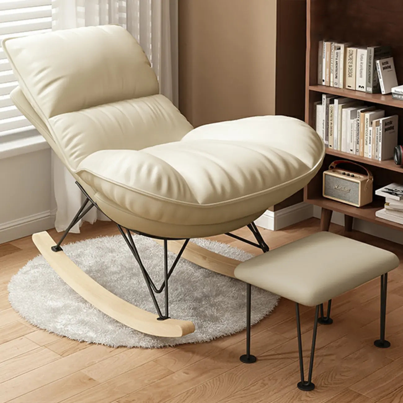 Natural Wood Upholstered Rocking Chair with Ottoman in White