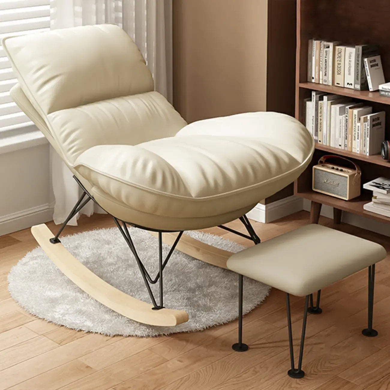 Natural Wood Upholstered Rocking Chair with Ottoman in White