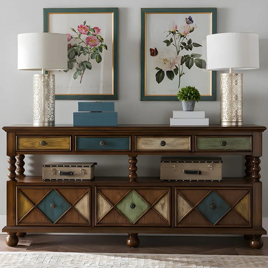 Vintage Geometric Wooden Sideboard with Storage Drawers