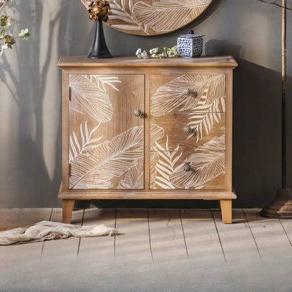 Oriental Brown Wooden Sideboard with Leaf Carving