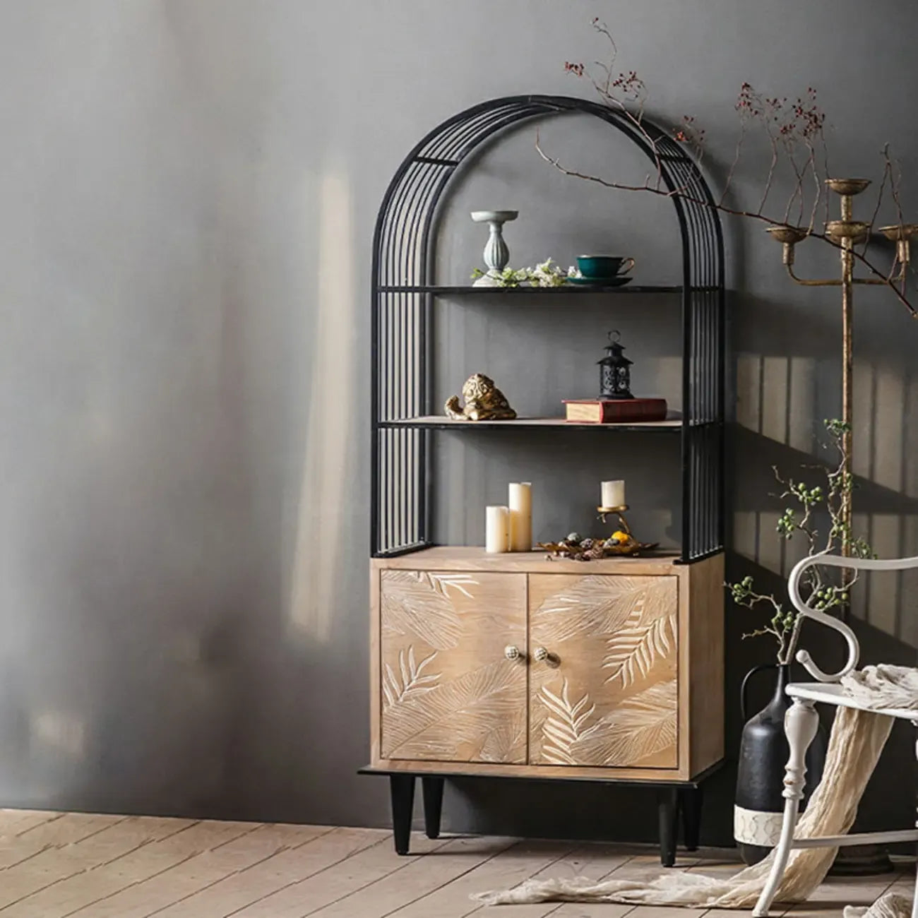 Oriental Brown Wooden Sideboard with Leaf Carving
