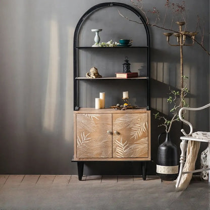 Oriental Brown Wooden Sideboard with Leaf Carving