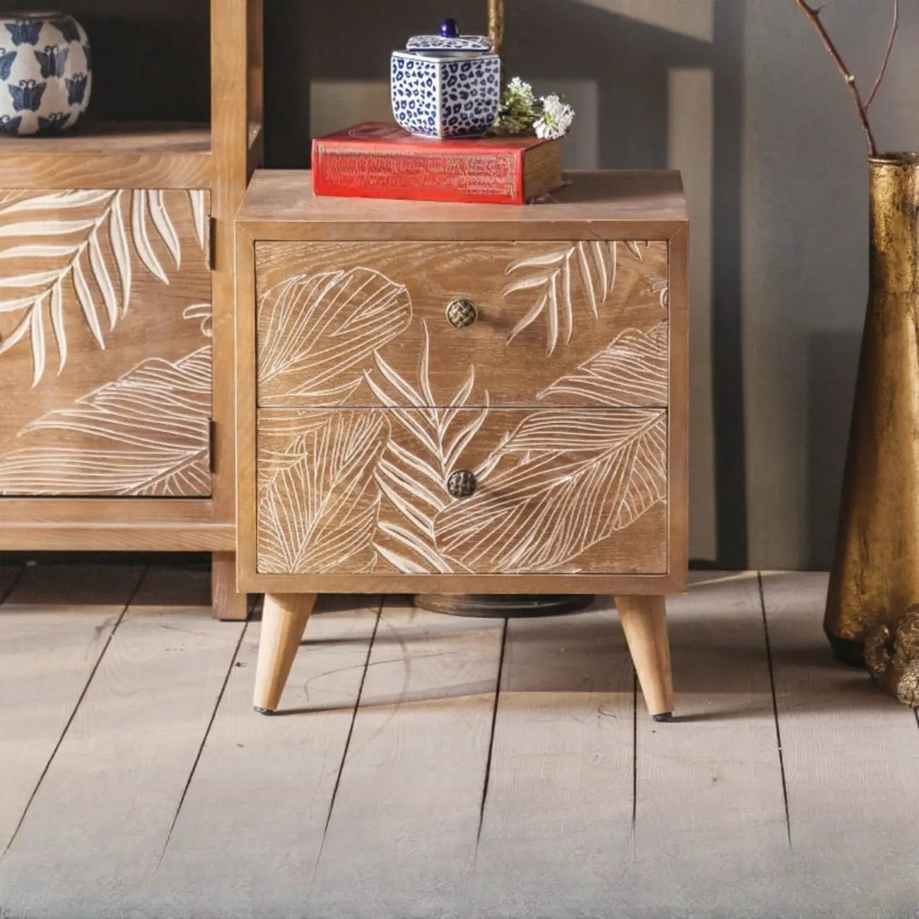 Oriental Brown Wooden Sideboard with Leaf Carving