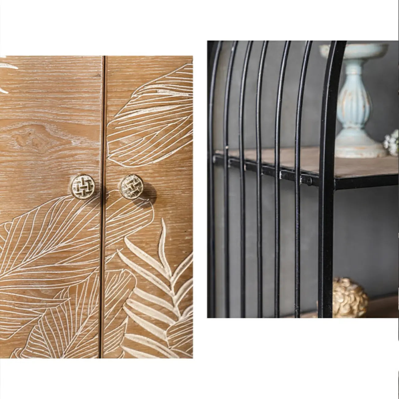 Oriental Brown Wooden Sideboard with Leaf Carving