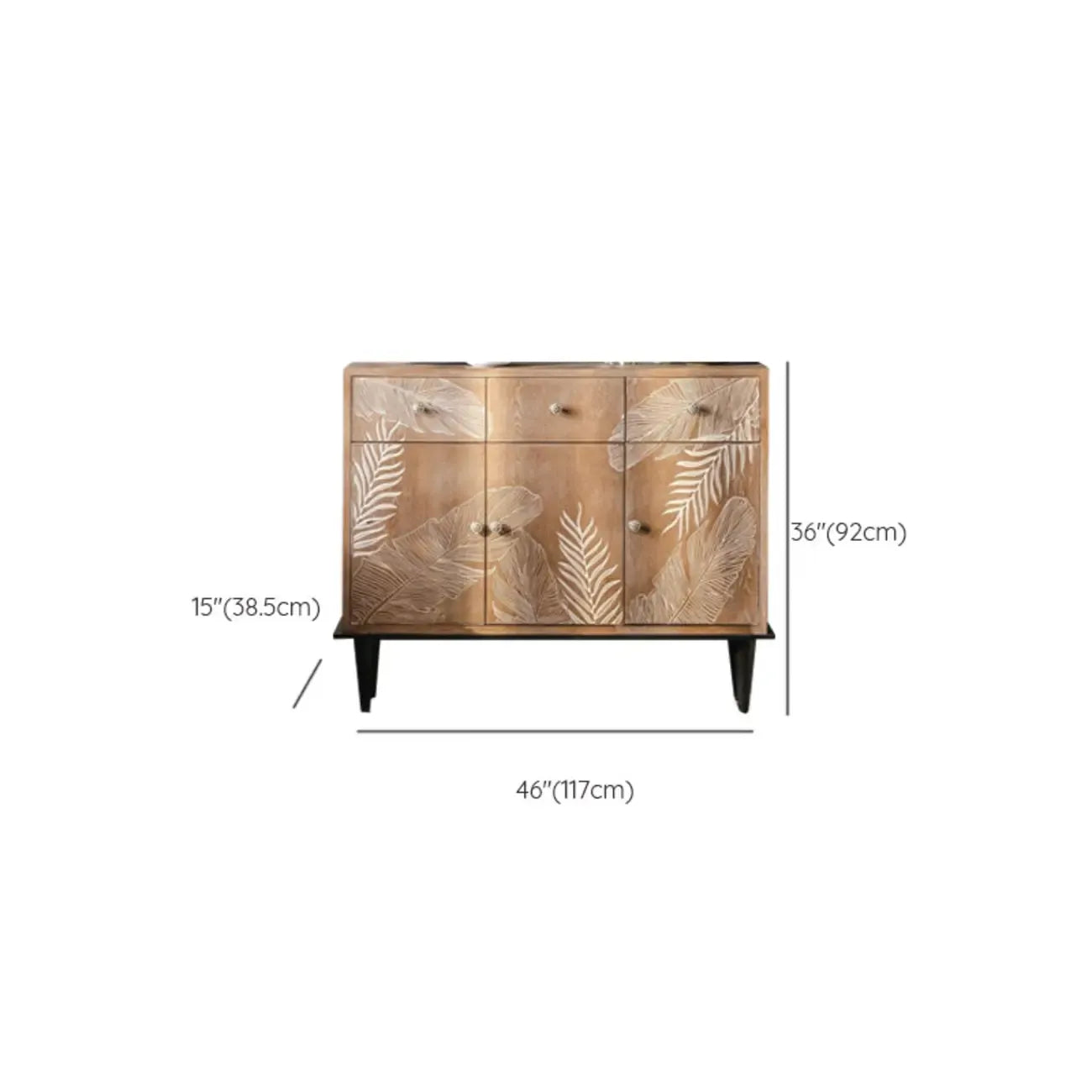 Oriental Brown Wooden Sideboard with Leaf Carving