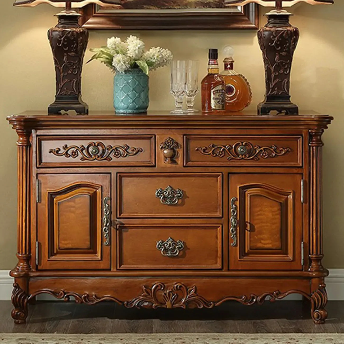 Traditional Brown Rubberwood Sideboard with Drawers