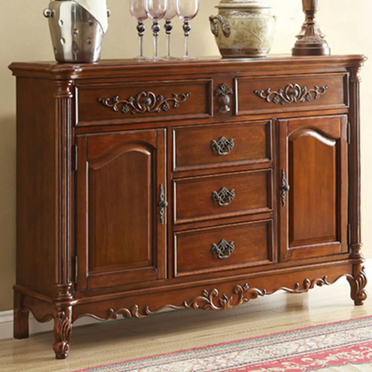 Traditional Brown Rubberwood Sideboard with Drawers