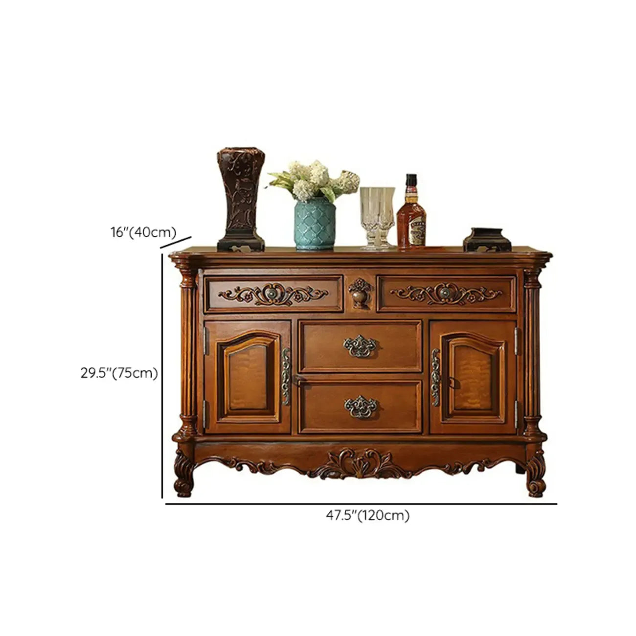 Traditional Brown Rubberwood Sideboard with Drawers