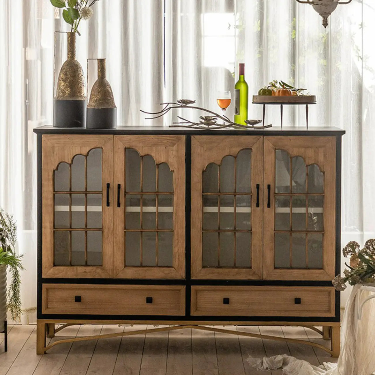 16W Rustic Brown Wooden Sideboard with Glass Doors & Drawer