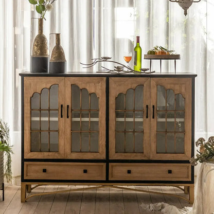 16W Rustic Brown Wooden Sideboard with Glass Doors & Drawer