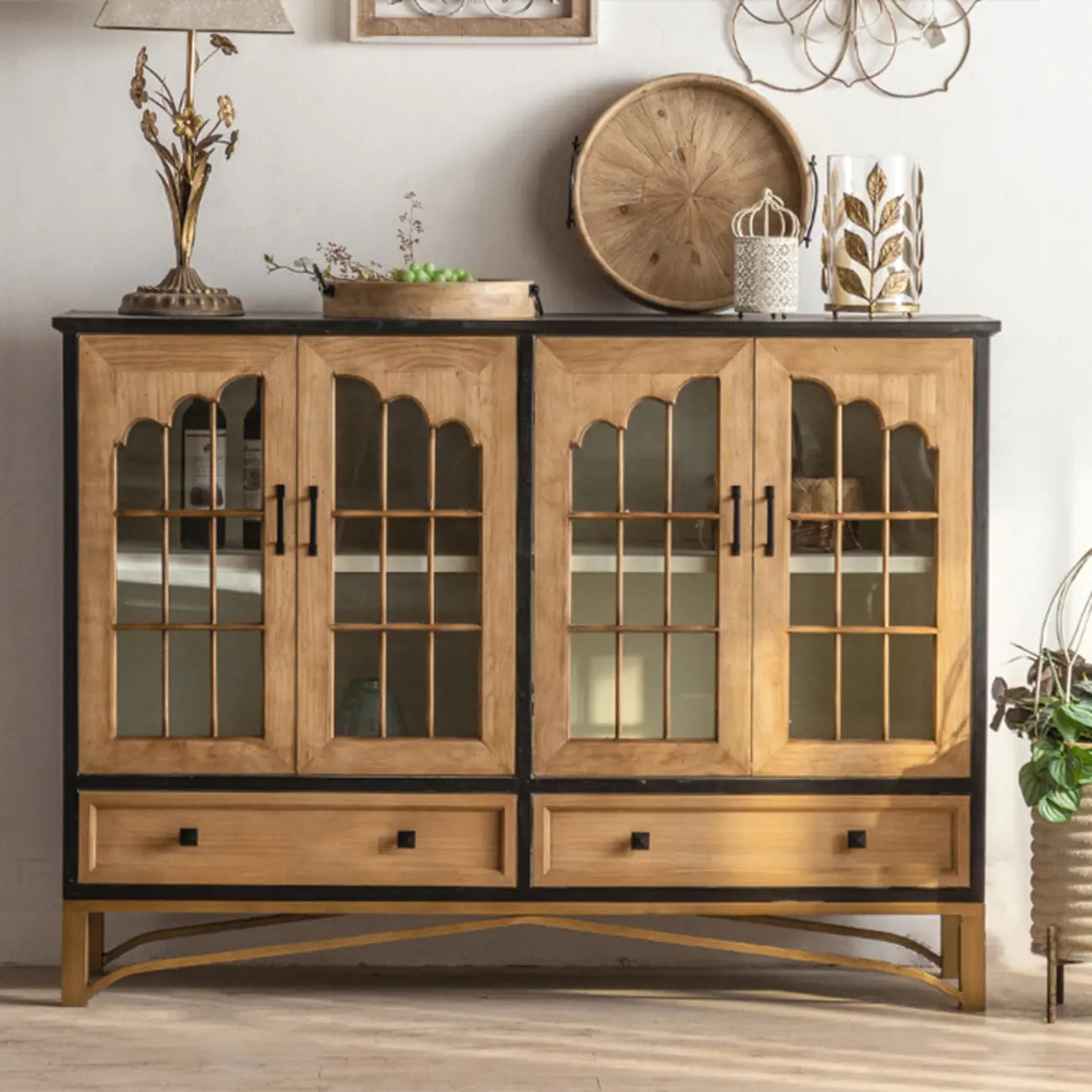 16W Rustic Brown Wooden Sideboard with Glass Doors & Drawer