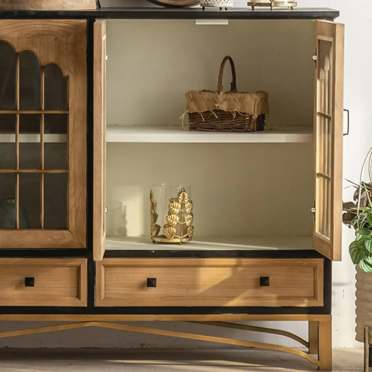 16W Rustic Brown Wooden Sideboard with Glass Doors & Drawer