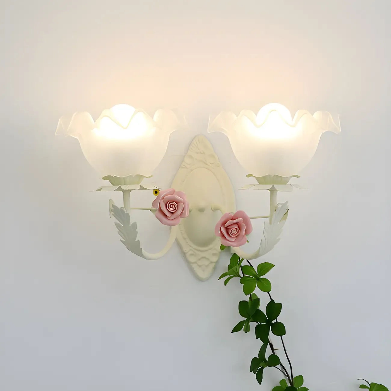 Vintage Floral Wall Sconce with Glass Rose Shades