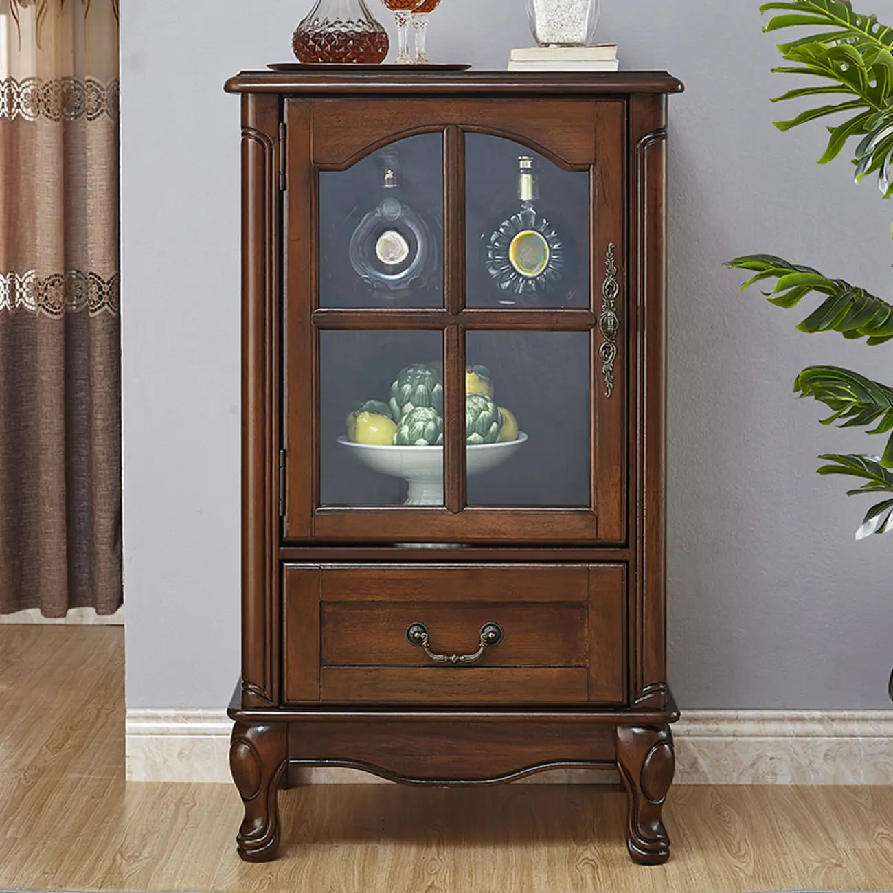 Rustic Wooden Interior Cabinet with Glass Display & Drawer