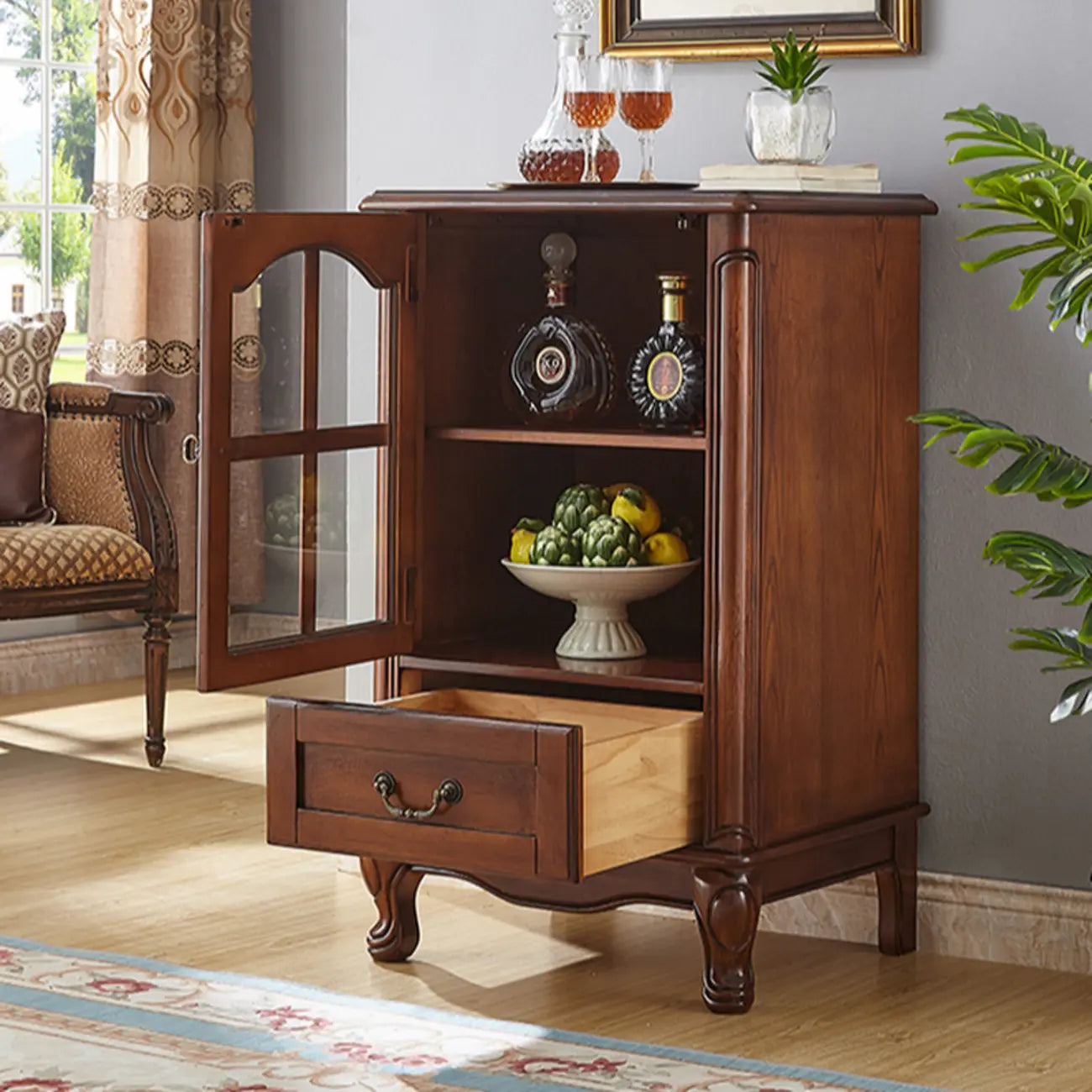 Rustic Wooden Interior Cabinet with Glass Display & Drawer