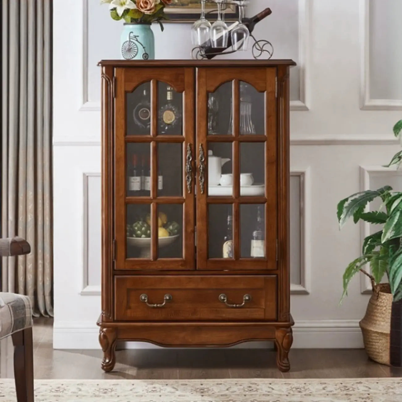 Rustic Wooden Interior Cabinet with Glass Display & Drawer