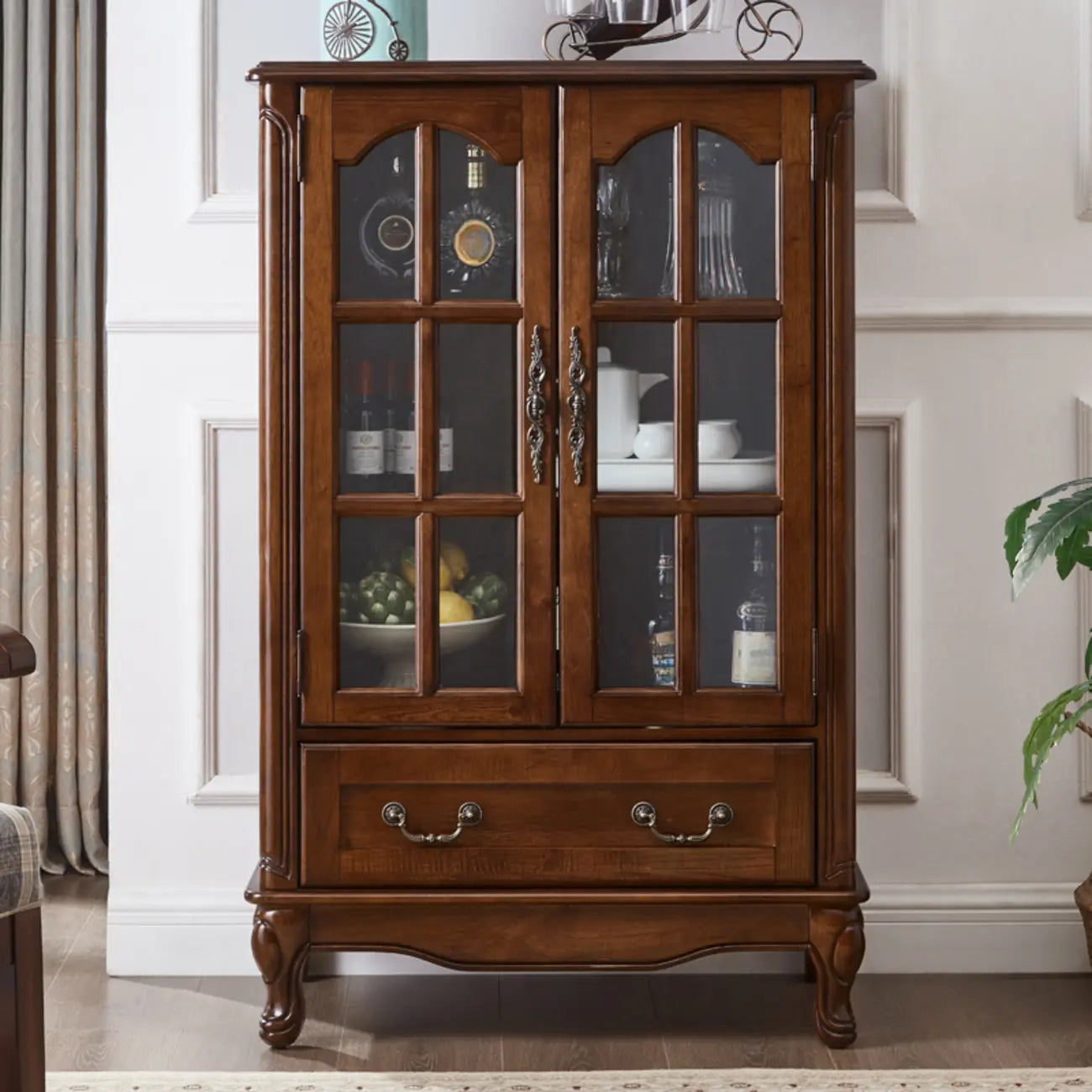 Rustic Wooden Interior Cabinet with Glass Display & Drawer