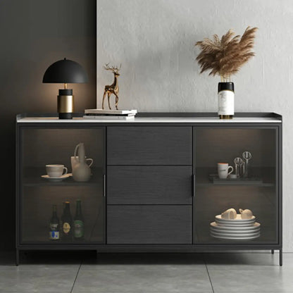 Modern Wooden Buffet Table with Stone Top and Storage