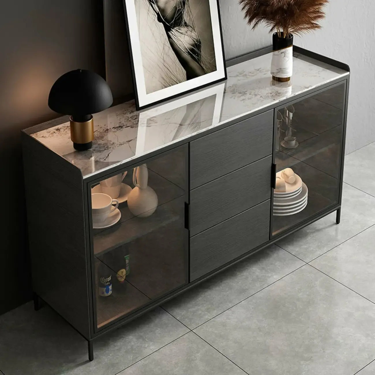 Modern Wooden Buffet Table with Stone Top and Storage
