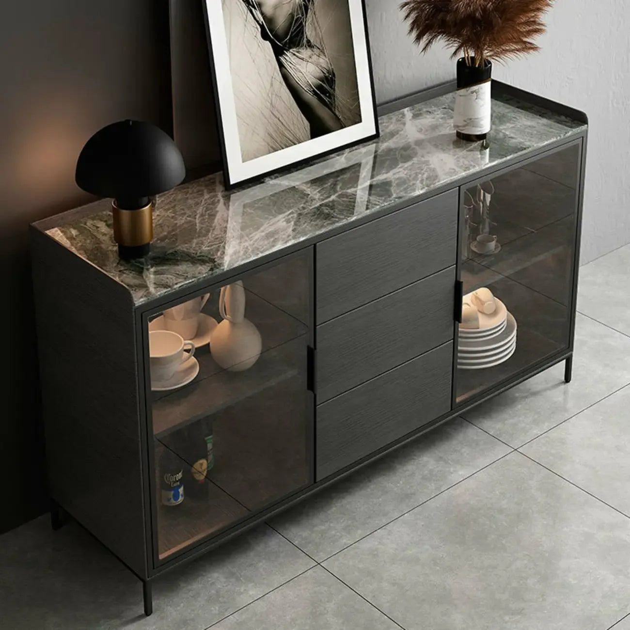 Modern Wooden Buffet Table with Stone Top and Storage