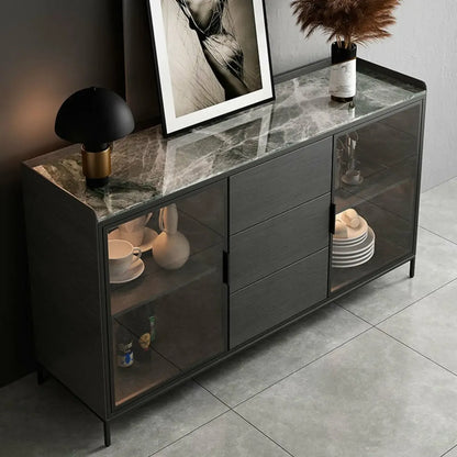 Modern Wooden Buffet Table with Stone Top and Storage