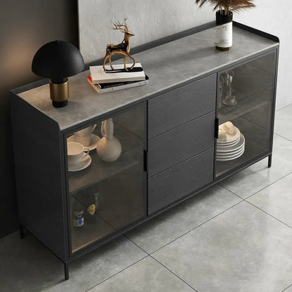 Modern Wooden Buffet Table with Stone Top and Storage
