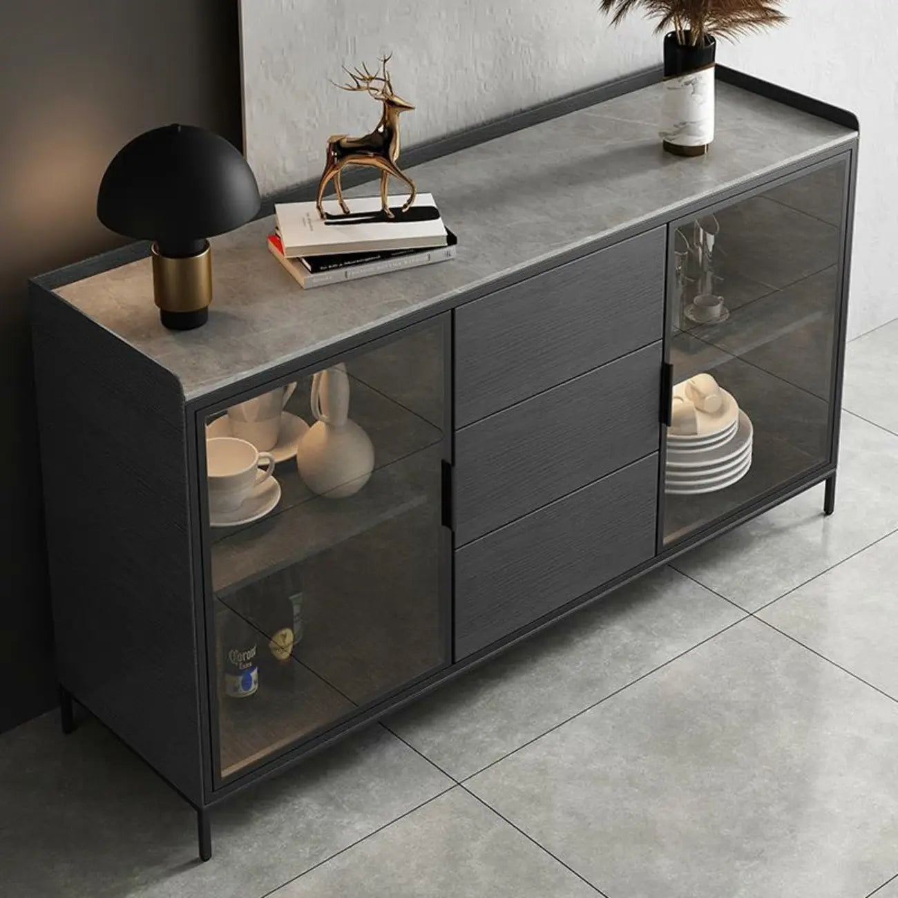 Modern Wooden Buffet Table with Stone Top and Storage