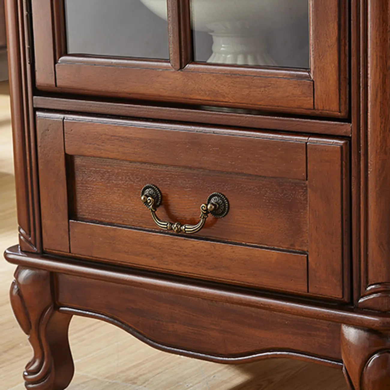 Rustic Wooden Interior Cabinet with Glass Display & Drawer