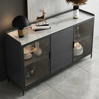 Modern Wooden Buffet Table with Stone Top and Storage
