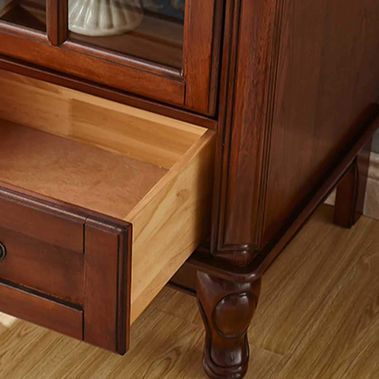 Rustic Wooden Interior Cabinet with Glass Display & Drawer